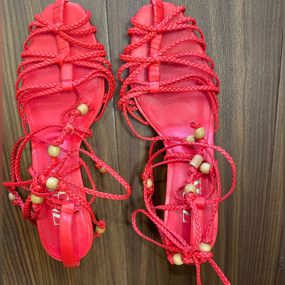 Red braided kitten heeled sandals